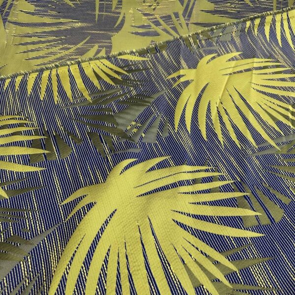 Chartreuse Palm Leaf Brocade Fabric  Navy Jacquard Upholstery Textile