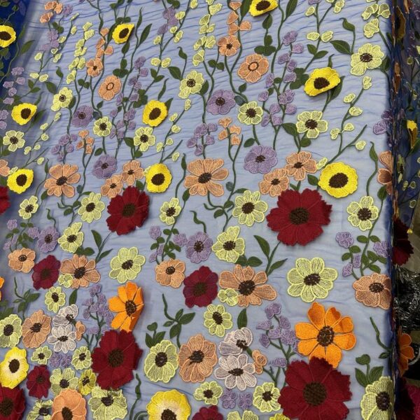 Royal Blue Basic Fabric with Floral Lace – Colorful Embroidered Flowers on Mesh – Dressmaking