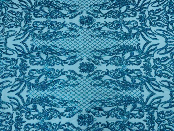 Teal Blue Sequin Lace Fabric | Luxury Embroidered Tulle | Evening Gown / Bridal Fabric