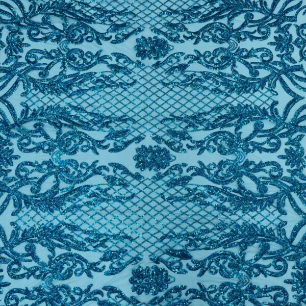 Teal Blue Sequin Lace Fabric | Luxury Embroidered Tulle | Evening Gown / Bridal Fabric