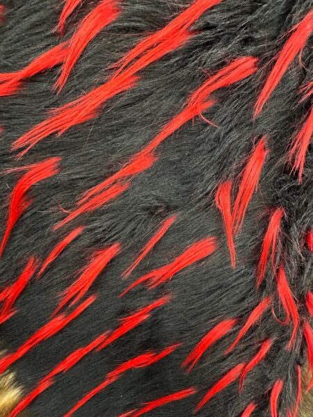 Black Faux Fur Fabric  Red Streaks, Long Pile Vegan Fur