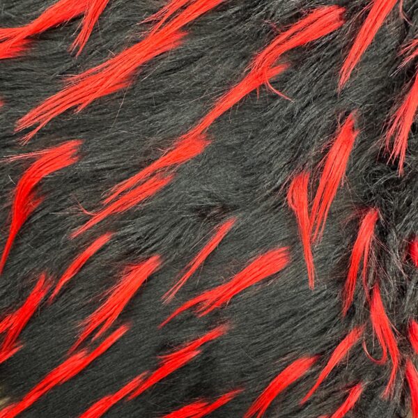 Black Faux Fur Fabric  Red Streaks, Long Pile Vegan Fur