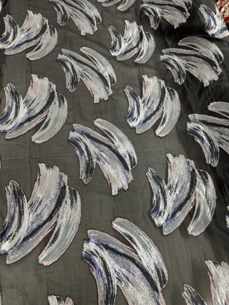 Black Metallic Brocade Fabric  Abstract Silver Blue Jacquard, Evening Couture