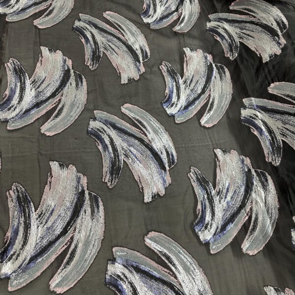 Black Metallic Brocade Fabric  Abstract Silver Blue Jacquard, Evening Couture