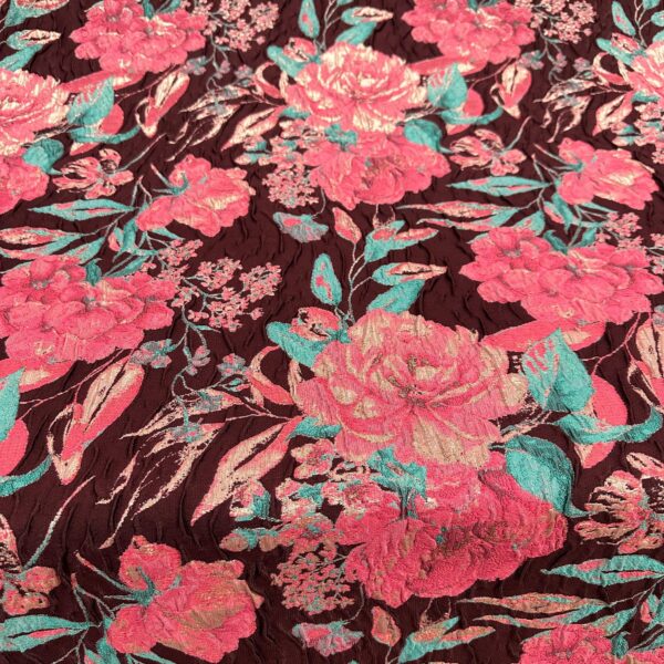 Burgundy Floral Brocade Fabric | Pink & Teal Metallic Jacquard