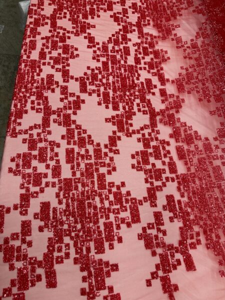 Red Geometric Sequin Lace Fabric  Couture Evening Tulle