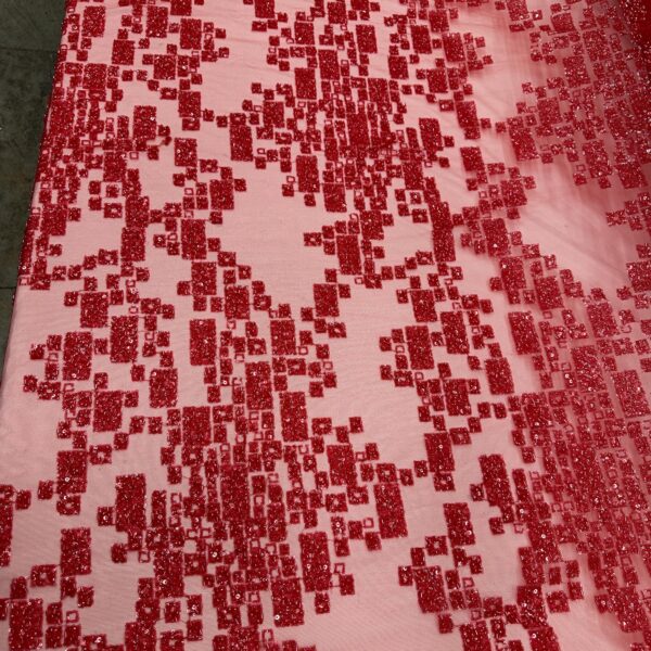 Red Geometric Sequin Lace Fabric  Couture Evening Tulle
