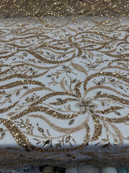 Gold Beaded Lace Fabric with Sequins & Crystals | Luxury Bridal Embroidered Mesh Lace | Couture Fabric by the Yard