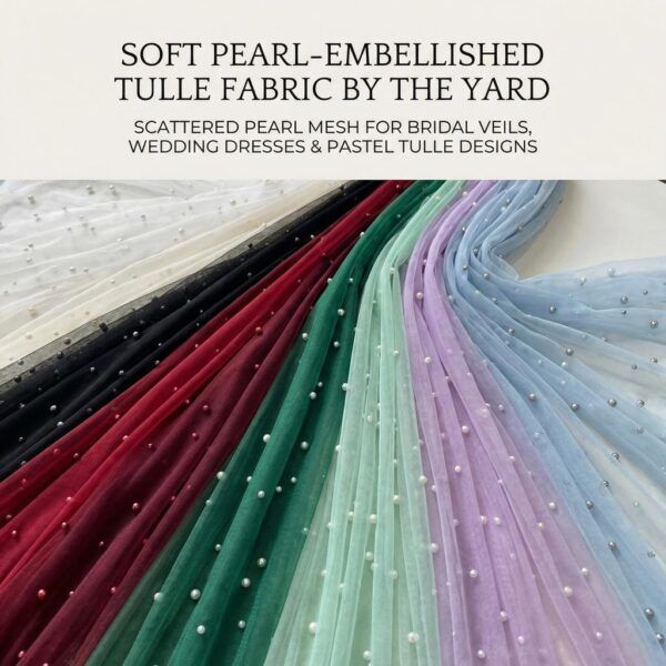 Soft Pearl-Embellished Tulle Fabric by the Yard – Scattered Pearl Mesh for Bridal Veils, Wedding Dresses & Pastel Tulle Designs