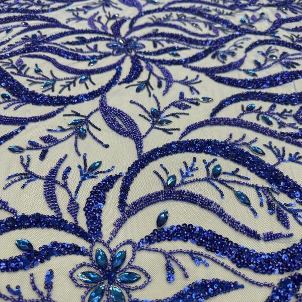 Royal Blue Beaded Lace Fabric  Embroidered Tulle, Bridal Gown