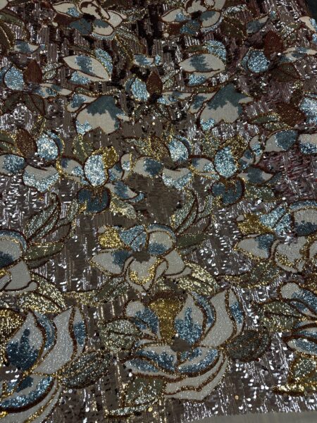 Blue & Gold Sequin Fabric | Embroidered Floral Lace Couture