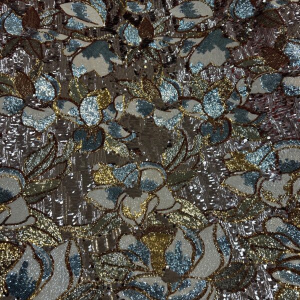 Blue & Gold Sequin Fabric | Embroidered Floral Lace Couture