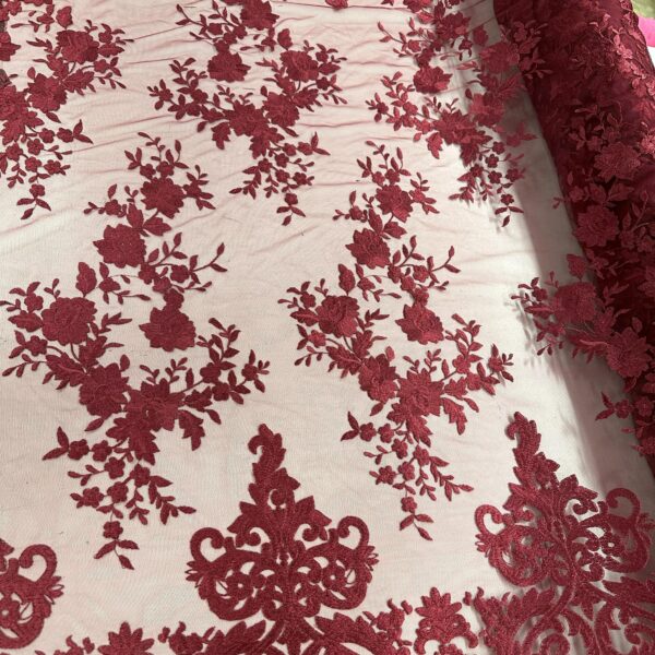 Burgundy Floral Embroidered Lace Fabric Wedding Gown Lace
