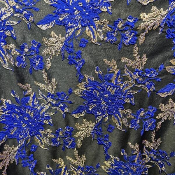 Royal Blue Floral Brocade Fabric, Gold Thread Jacquad Evening Dress Fabric