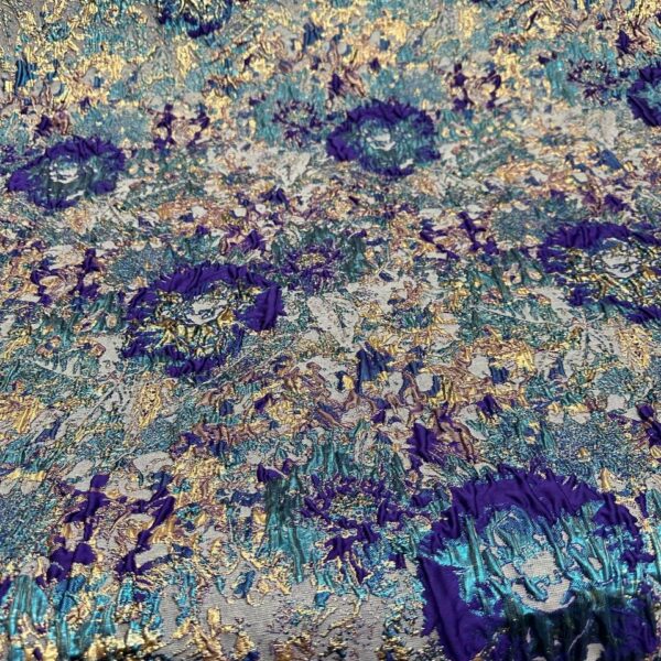 Luxury Teal Purple Gold Brocade Fabric | Abstract Floral Metallic Jacquard | Couture Dress Upholstery Fabric