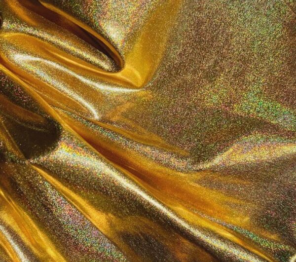 Holographic Gold Foil Metallic Lame Fabric | 2 Way Stretch Polyester Spandex | Dance Costume Fashion Fabric