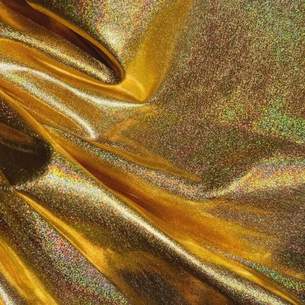 Holographic Gold Foil Metallic Lame Fabric | 2 Way Stretch Polyester Spandex | Dance Costume Fashion Fabric