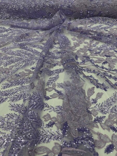 Lilac Sequin Lace Fabric, Floral Embroidered Tulle Bridal Evening Wear