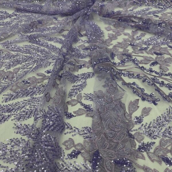 Lilac Sequin Lace Fabric, Floral Embroidered Tulle Bridal Evening Wear