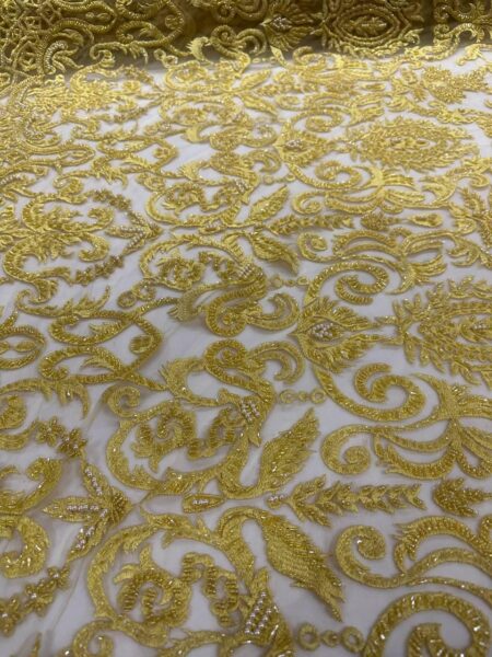 Luxury Yellow Lace Fabric with Beaded Embroidery | Bridal & Couture Mesh