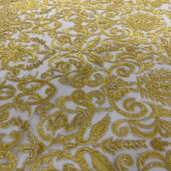 Luxury Yellow Lace Fabric with Beaded Embroidery | Bridal & Couture Mesh