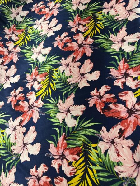 Navy Blue Tropical Floral Charmeuse Satin Fabric  Luxury Drape By The Yard