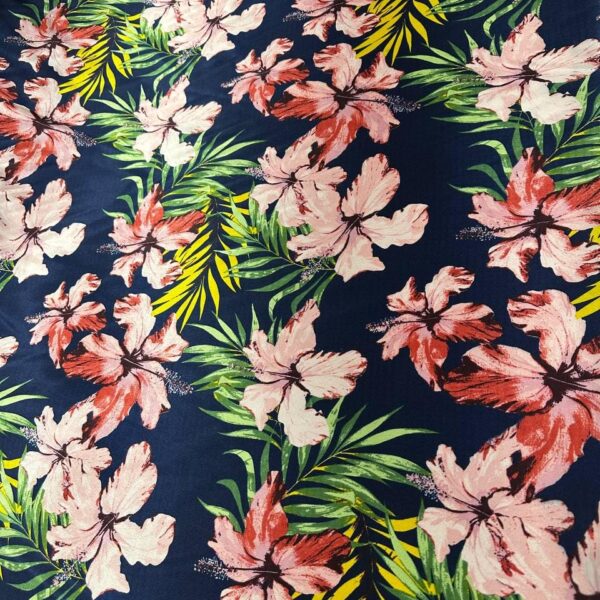 Navy Blue Tropical Floral Charmeuse Satin Fabric  Luxury Drape By The Yard