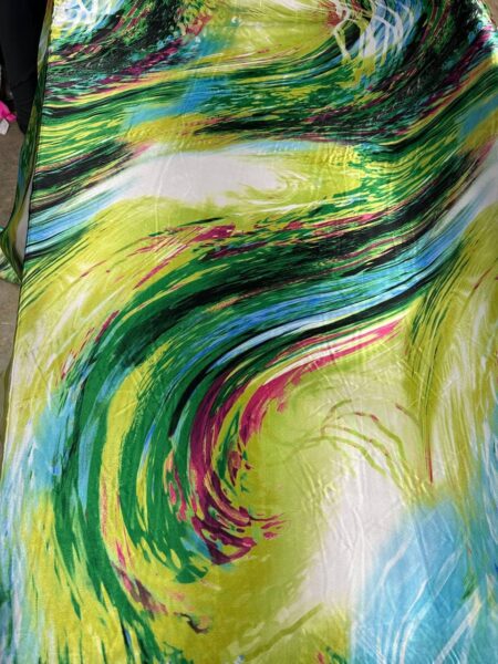 Abstract Silky Satin Fabric – Green & Yellow Artistic Print