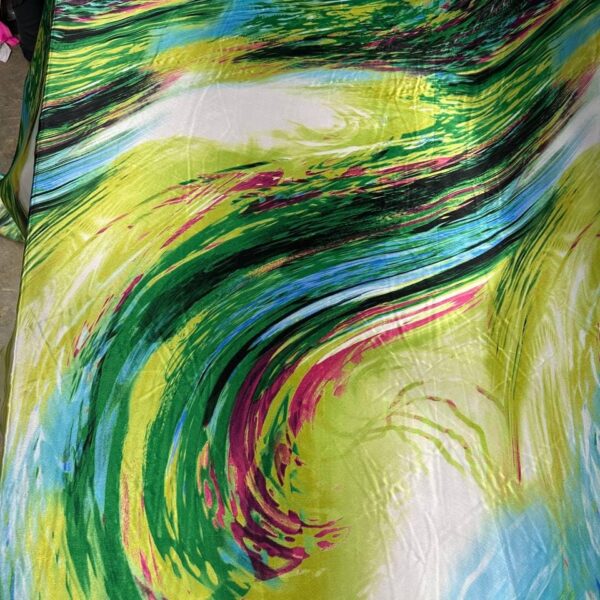 Abstract Silky Satin Fabric – Green & Yellow Artistic Print