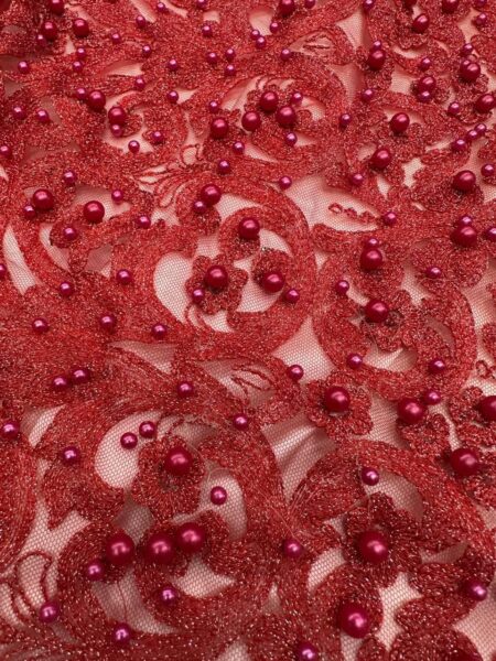 Red Beaded Lace Fabric with Pearls – Luxury Embroidered Floral Mesh Lace for Dresses, Bridal, Evening Gowns
