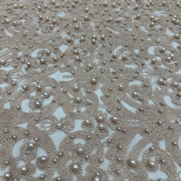 Champagne Beaded Lace Fabric with Pearls – Luxury Nude Embroidered Mesh Lace for Bridal, Wedding / Evening Dresses