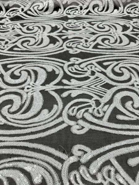 White Sequin Lace Fabric – Luxury Ivory Swirl Embroidered Mesh Lace for Bridal, Wedding & Evening Dresses