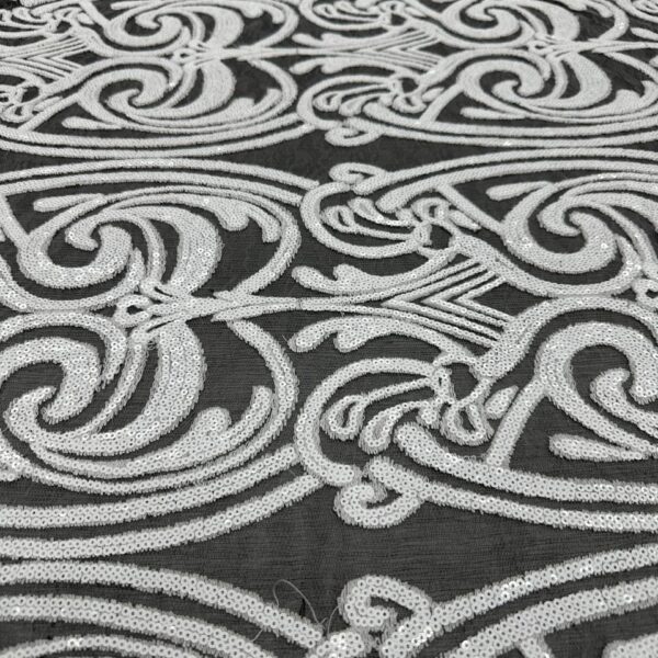White Sequin Lace Fabric – Luxury Ivory Swirl Embroidered Mesh Lace for Bridal, Wedding & Evening Dresses