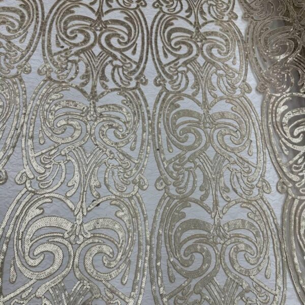 Champagne Gold Sequin Lace Fabric – Luxury Swirl Embroidered Mesh Lace for Bridal, Wedding & Evening Gowns
