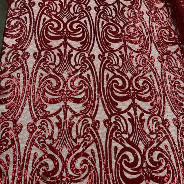 Red Sequin Lace Fabric – Luxury Swirl Embroidered Mesh Lace for Evening Gowns, Bridal & Couture dresses