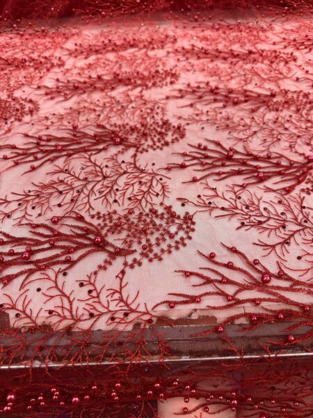 Red Beaded Lace Fabric – Luxury Embroidered Mesh Lace with Pearls for Evening Gowns, Bridal & Couture Designs