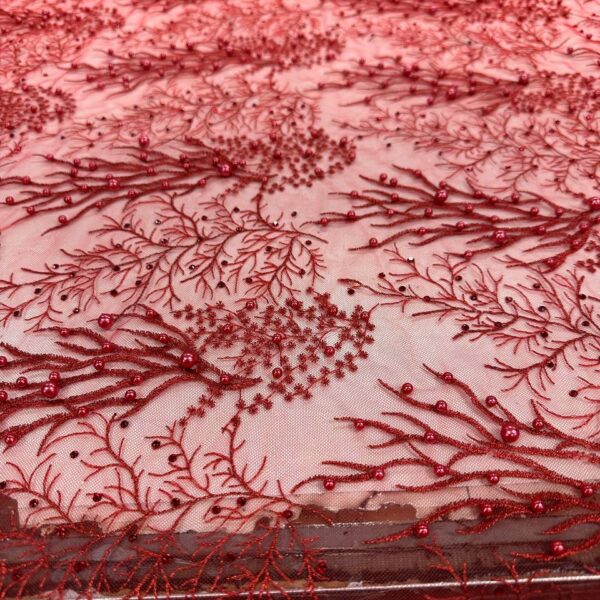 Red Beaded Lace Fabric – Luxury Embroidered Mesh Lace with Pearls for Evening Gowns, Bridal & Couture Designs