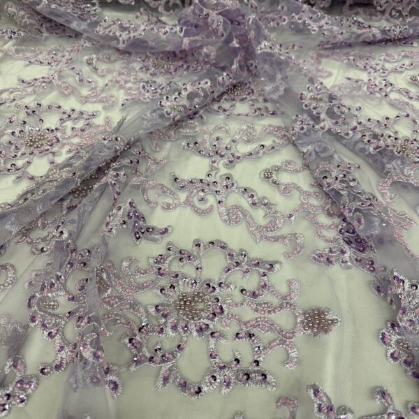 Lilac Beaded Lace Fabric – Embroidered Mesh Lace with Soft Purple Sequins for Evening & Bridal Couture
