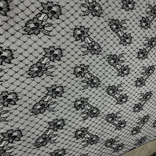 Black Chantilly Lace Fabric – Floral Mesh Lace with Polka Dot Detail – Elegant Bridal & Evening Wear Textile