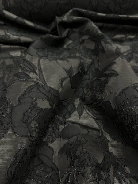 Black Brocade Fabric – Luxury Floral Jacquard Textile – Elegant Couture Upholstery & Evening Wear Fabric