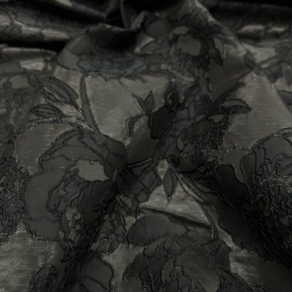 Black Brocade Fabric – Luxury Floral Jacquard Textile – Elegant Couture Upholstery & Evening Wear Fabric