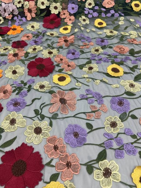 Green Floral Lace Fabric – Basic Embroidered Mesh Lace with Colorful Flowers – Dressmaking