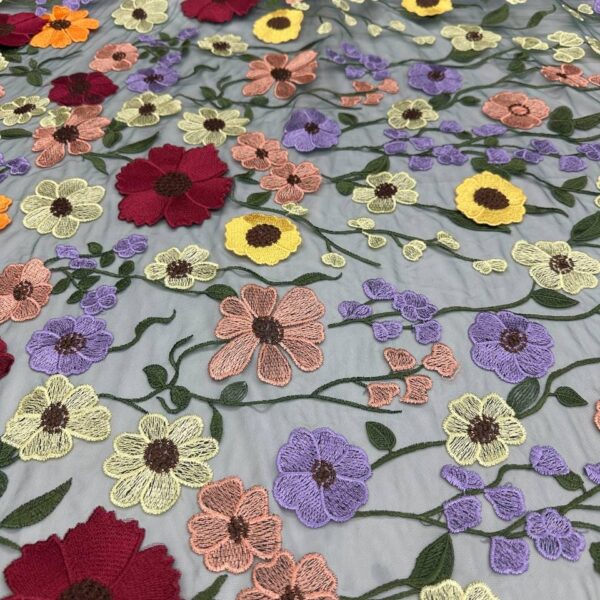 Green Floral Lace Fabric – Basic Embroidered Mesh Lace with Colorful Flowers – Dressmaking