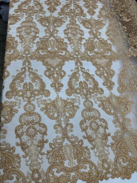 Luxury Gold Lace Fabric on Ivory Mesh – Embroidered Baroque Lace, Bridal & Couture Fabric, Wedding Dress lace