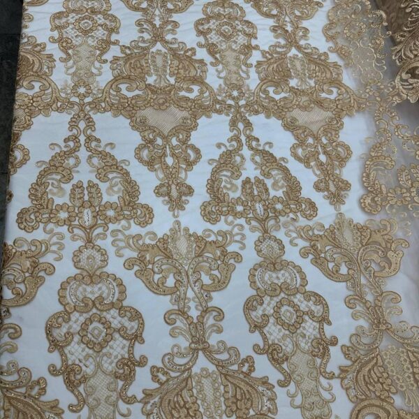 Luxury Gold Lace Fabric on Ivory Mesh – Embroidered Baroque Lace, Bridal & Couture Fabric, Wedding Dress lace