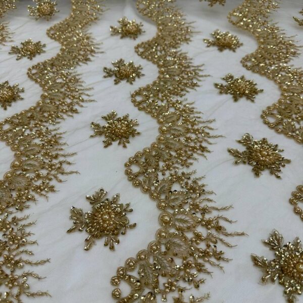 Luxury Gold Beaded Lace Fabric on Nude Mesh – Pearl & Sequin Embroidered Bridal Lace, Couture Wedding fabric