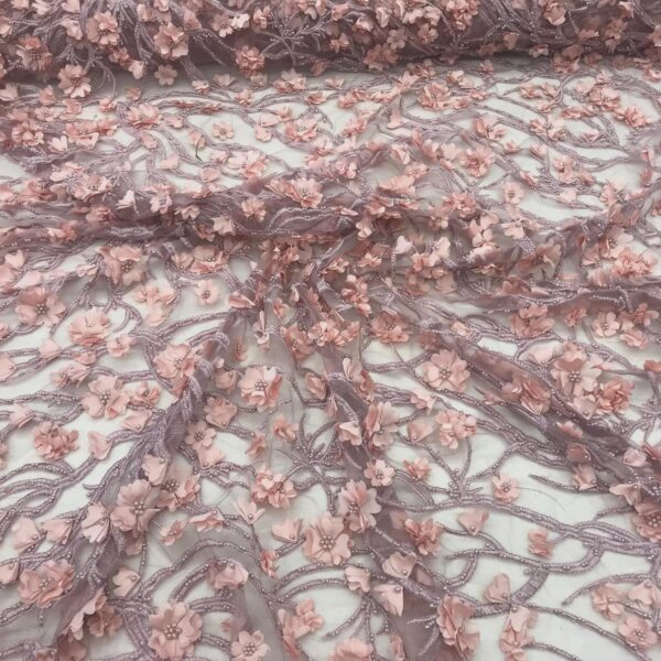 Dusty Pink 3D Floral Lace Fabric with Pearls | Luxury Beaded Lace Mesh | Bridal & Evening Gown Fabric