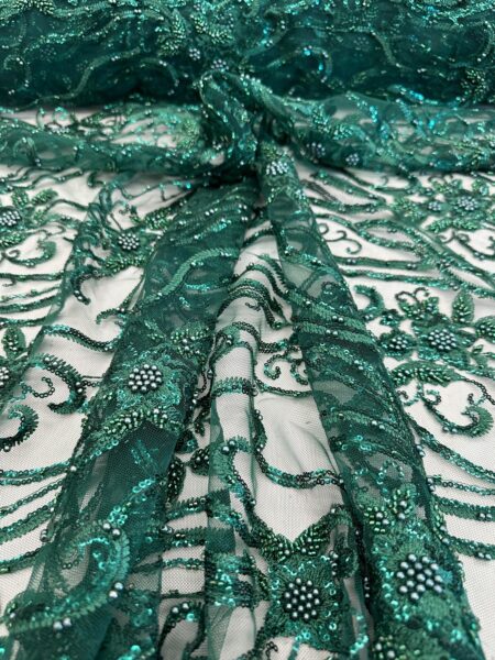 hunter Green Beaded Sequin Lace Fabric | Embroidered Tulle Bridal