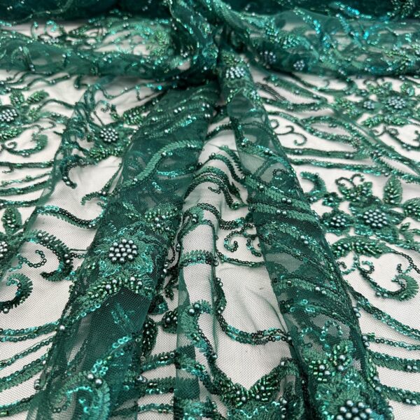 hunter Green Beaded Sequin Lace Fabric | Embroidered Tulle Bridal