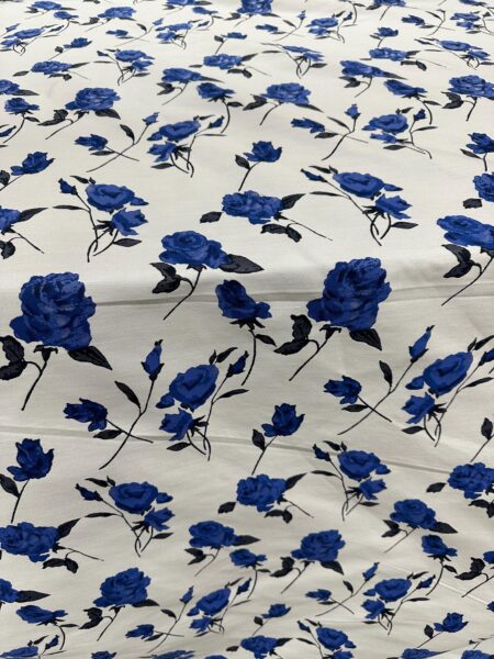Ivory Fabric with Blue Rose Print | Elegant Floral Fabric